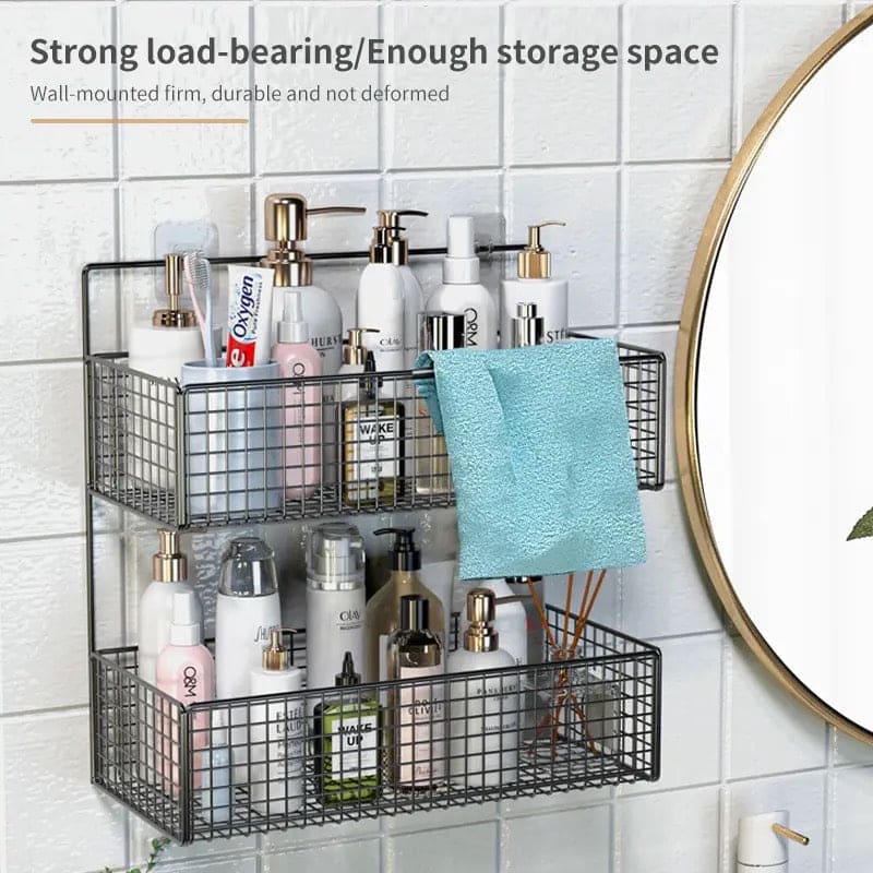2 Layer Shelving Basket, Wall Mounted Bathroom Rack, Multifunctional Toiletries Organizer, Free Punch Condiment Storage Basket, Kitchen Wall-mounted Storage Basket 2 Layer Shelving Basket, Wall Mounted Bathroom Rack, Multifunctional Toiletries Organizer, Free Punch Condiment Storage Basket, Kitchen Wall-mounted Storage Basket